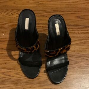 SCHUTZ Black and Leopard Print Mules